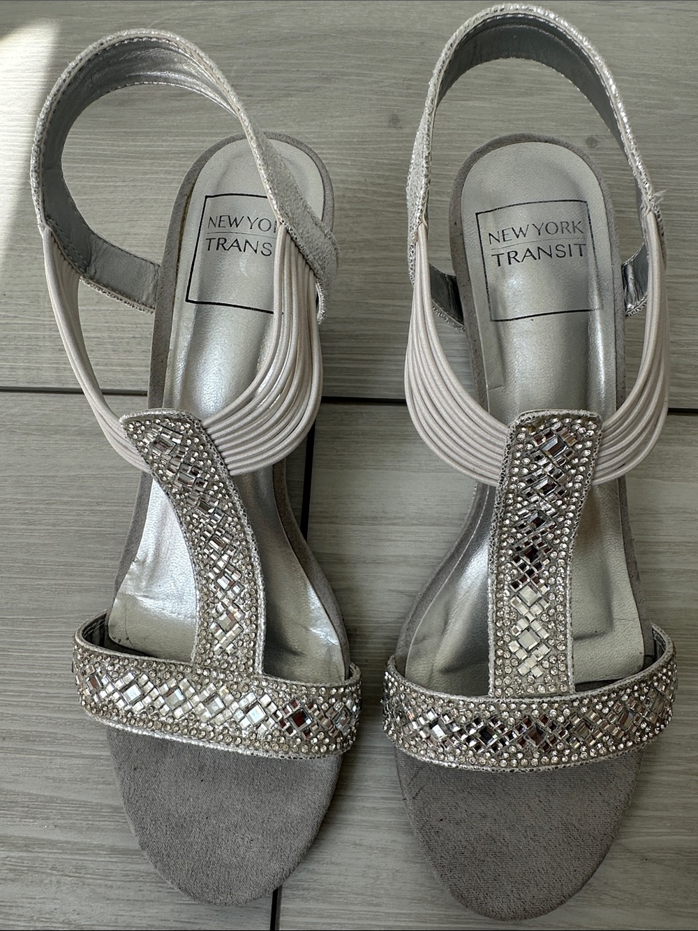 New York Transit Silver Beaded T-Strap Slingback Heels